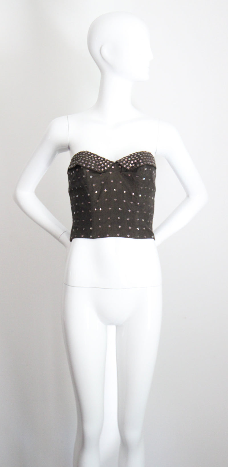 "Sequin Bustier" Vintage 1950's Charcoal Cotton & Pink Sequin Bustier UK 12 US 8