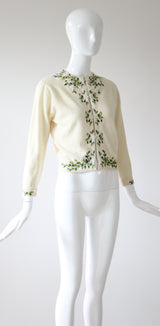 "Trailing Iridescent Florals" Vintage 1950's Cream Wool Embroidered and Beaded Cardigan UK 10 US 6
