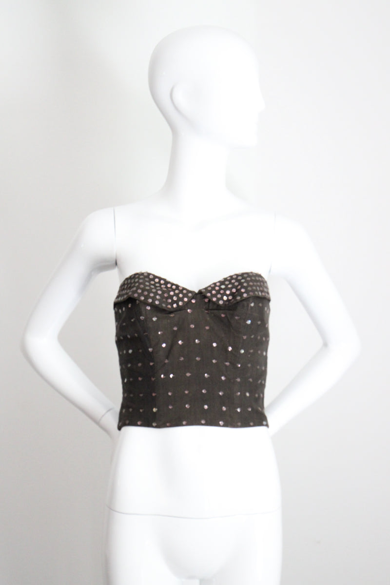 "Sequin Bustier" Vintage 1950's Charcoal Cotton & Pink Sequin Bustier UK 12 US 8
