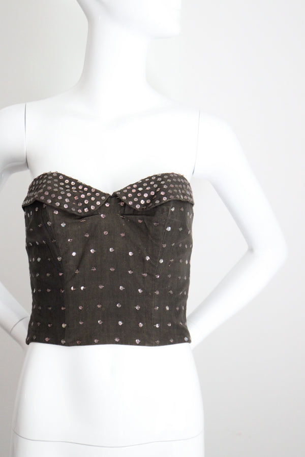 "Sequin Bustier" Vintage 1950's Charcoal Cotton & Pink Sequin Bustier UK 12 US 8