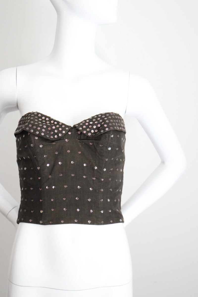 "Sequin Bustier" Vintage 1950's Charcoal Cotton & Pink Sequin Bustier UK 12 US 8