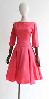 "Pointed Seams" Vintage 1950's Coral Pink Satin Dress UK 8 US 4