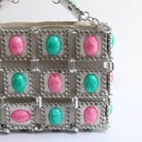 "Pink & Turquoise Marbled Cabochons" Vintage 1960's Cabochons Embellished Silver Tile Handbag