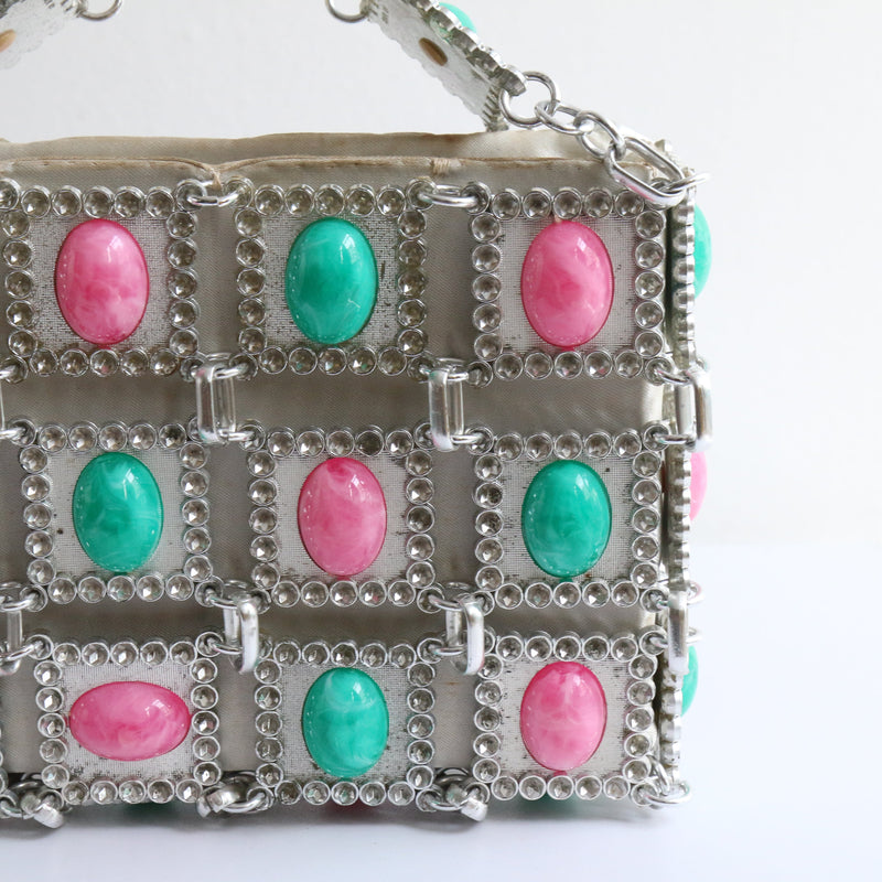 "Pink & Turquoise Marbled Cabochons" Vintage 1960's Cabochons Embellished Silver Tile Handbag