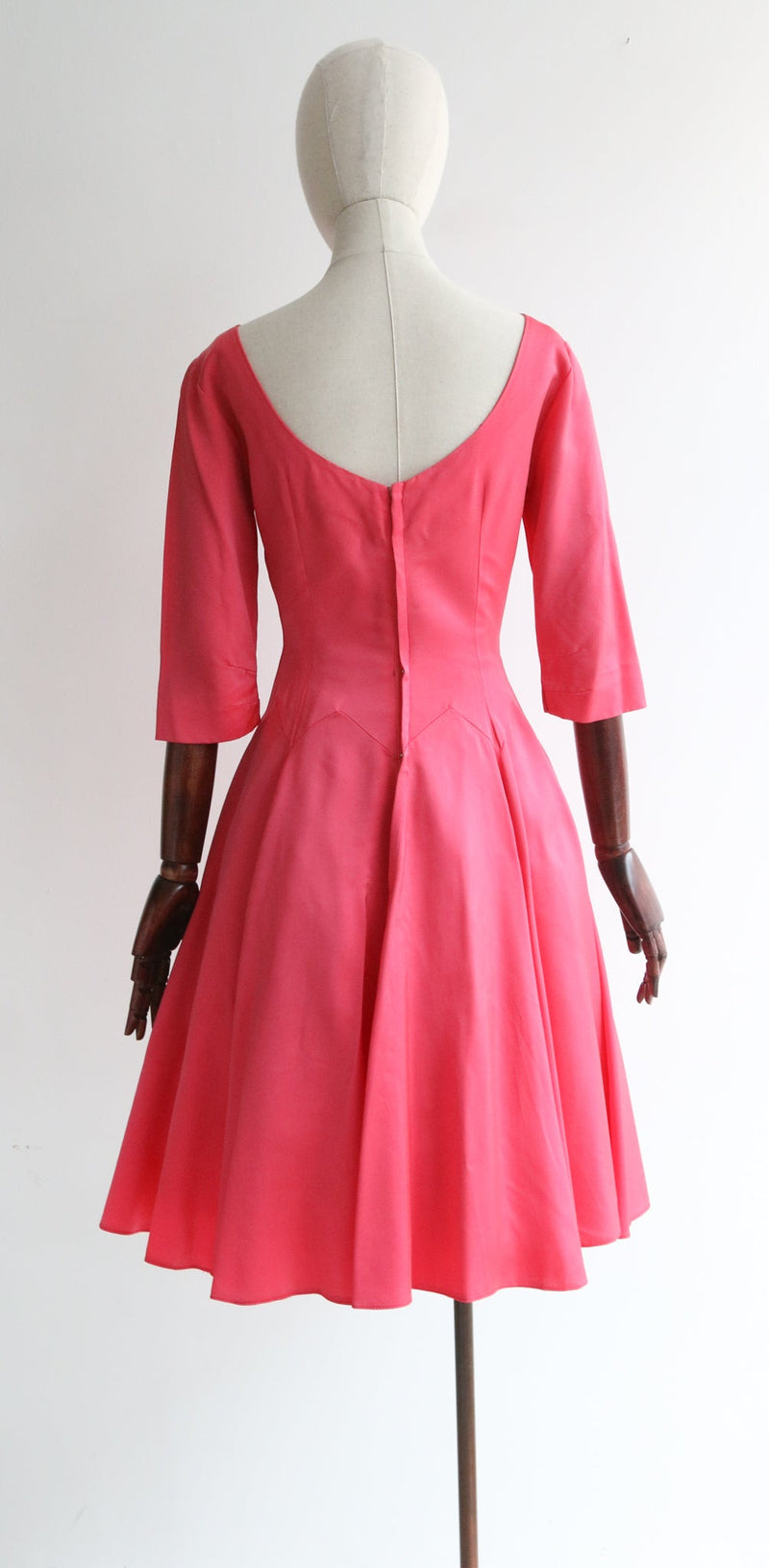 "Pointed Seams" Vintage 1950's Coral Pink Satin Dress UK 8 US 4