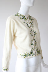 "Trailing Iridescent Florals" Vintage 1950's Cream Wool Embroidered and Beaded Cardigan UK 10 US 6