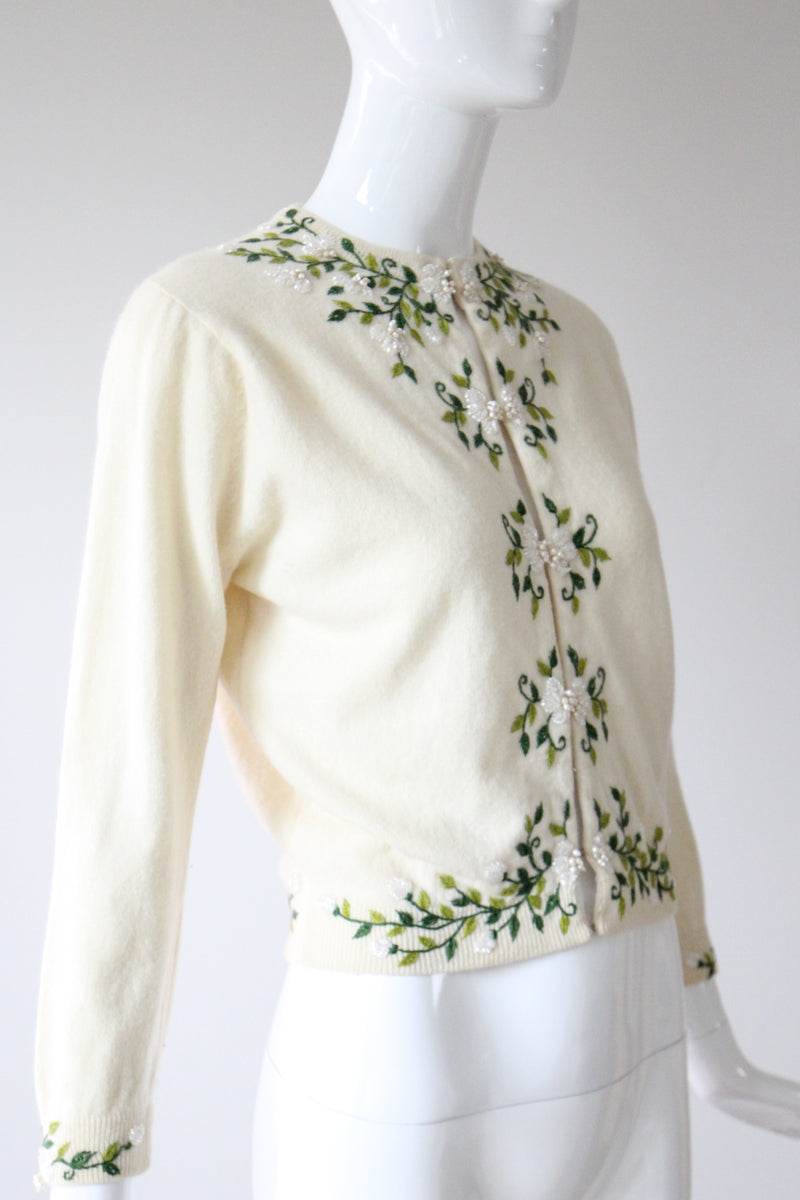 "Trailing Iridescent Florals" Vintage 1950's Cream Wool Embroidered and Beaded Cardigan UK 10 US 6