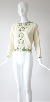 "Trailing Iridescent Florals" Vintage 1950's Cream Wool Embroidered and Beaded Cardigan UK 10 US 6
