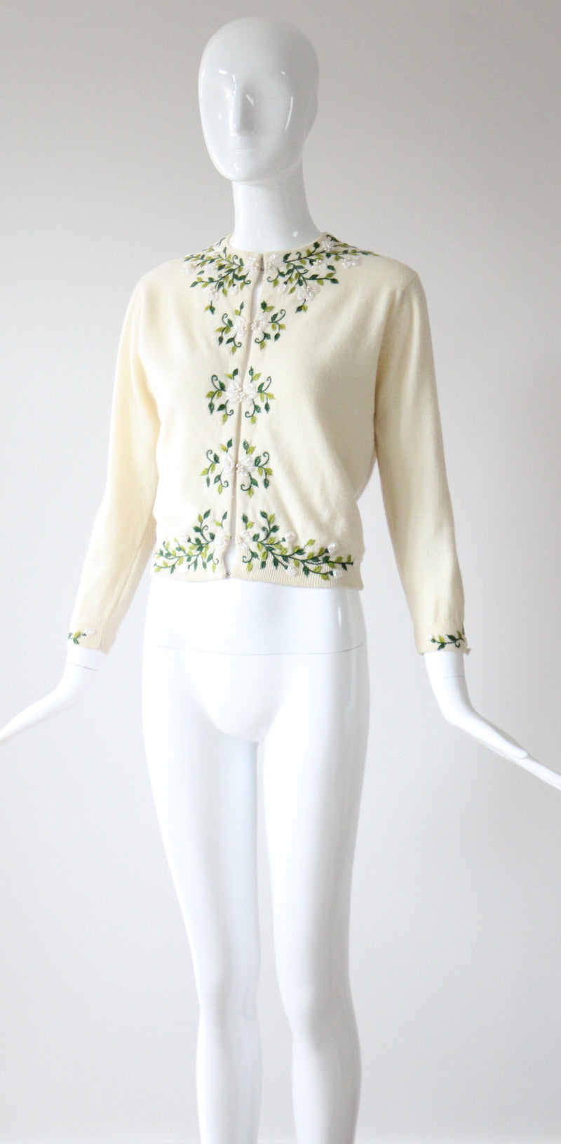 "Trailing Iridescent Florals" Vintage 1950's Cream Wool Embroidered and Beaded Cardigan UK 10 US 6