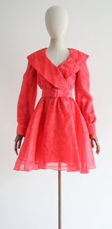 "A Rush Of Roses" Vintage 1960's Raspberry Pink Silk Organza Rose Print Dress UK 10 US 6