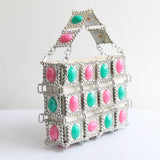 "Pink & Turquoise Marbled Cabochons" Vintage 1960's Cabochons Embellished Silver Tile Handbag