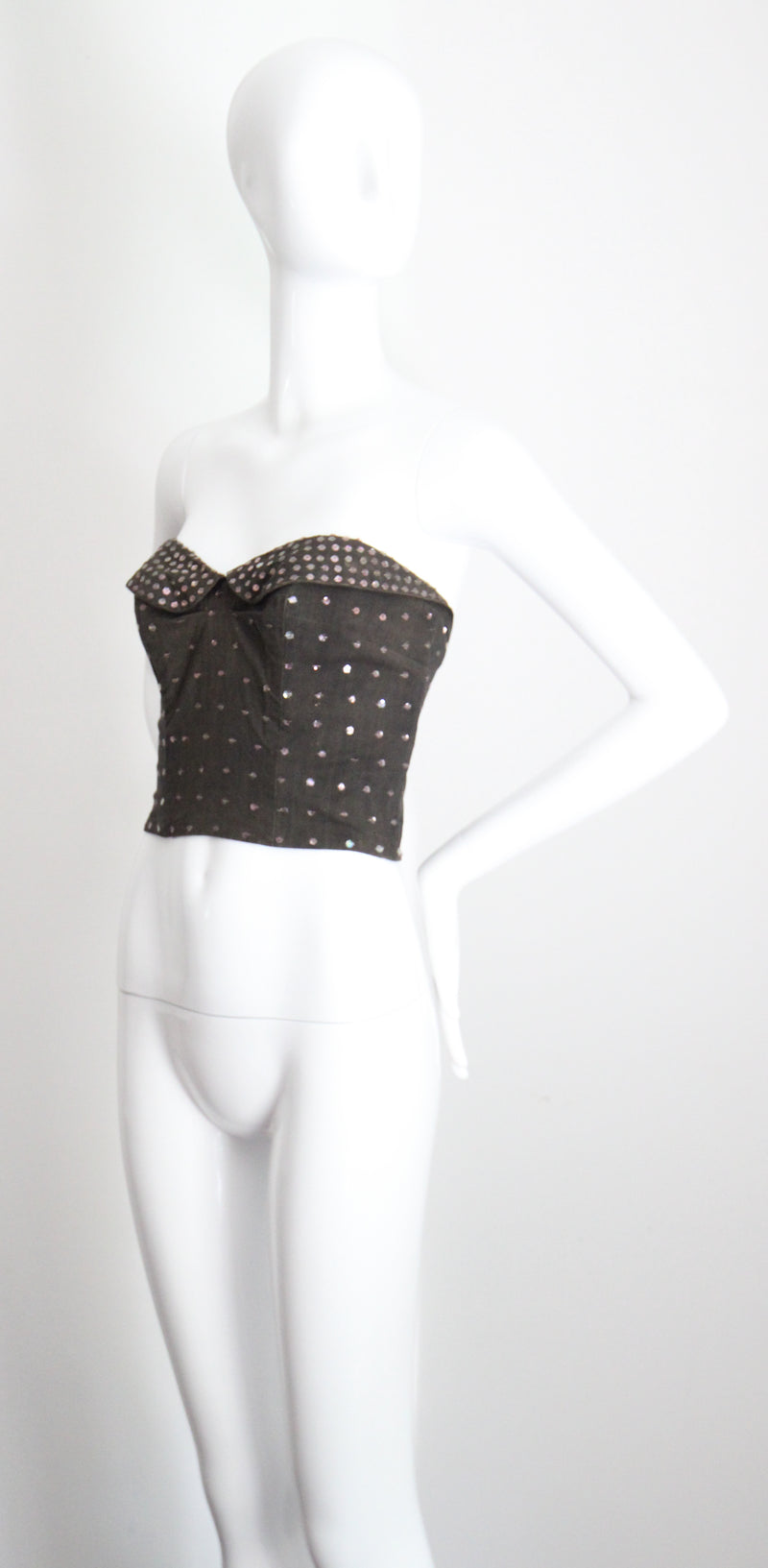 "Sequin Bustier" Vintage 1950's Charcoal Cotton & Pink Sequin Bustier UK 12 US 8