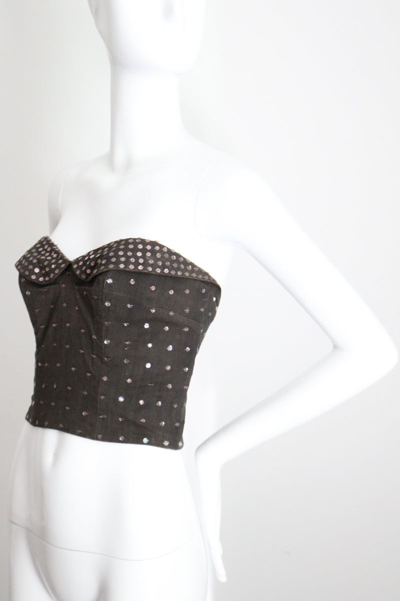 "Sequin Bustier" Vintage 1950's Charcoal Cotton & Pink Sequin Bustier UK 12 US 8