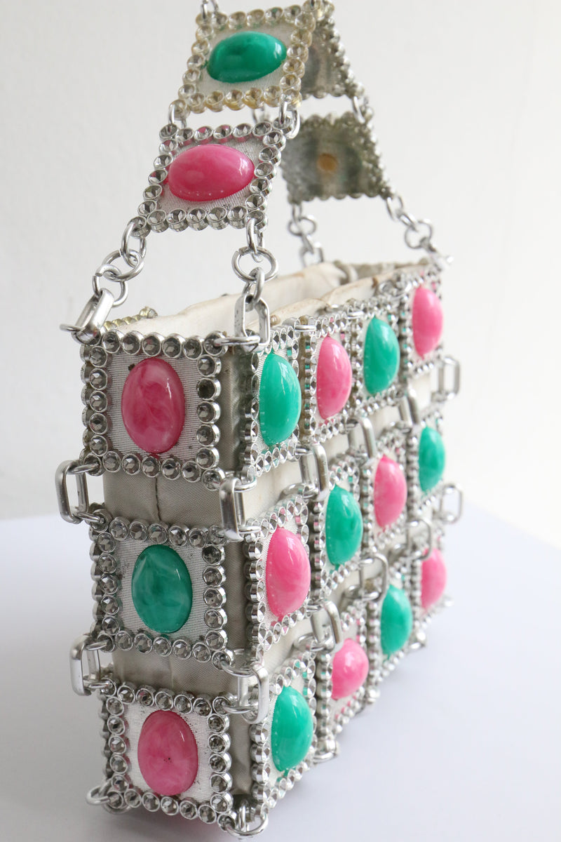 "Pink & Turquoise Marbled Cabochons" Vintage 1960's Cabochons Embellished Silver Tile Handbag