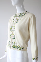 "Trailing Iridescent Florals" Vintage 1950's Cream Wool Embroidered and Beaded Cardigan UK 10 US 6