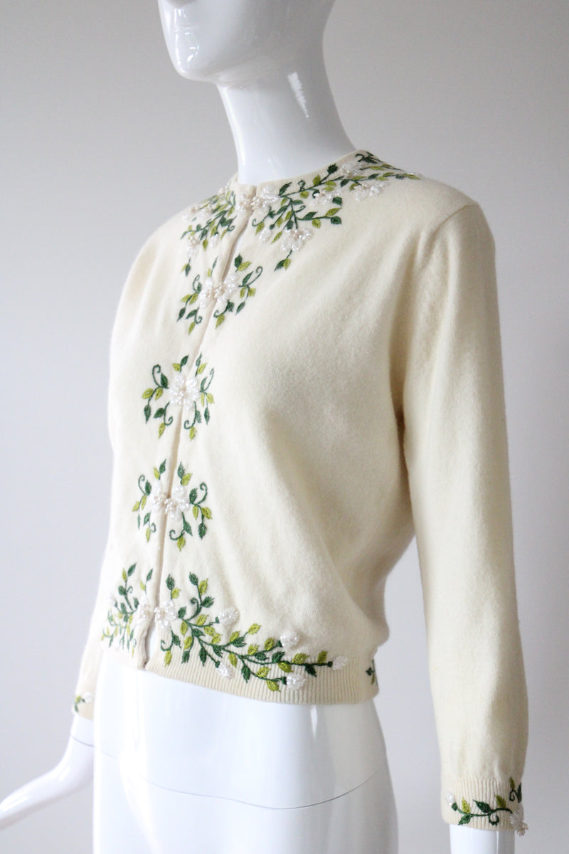 "Trailing Iridescent Florals" Vintage 1950's Cream Wool Embroidered and Beaded Cardigan UK 10 US 6