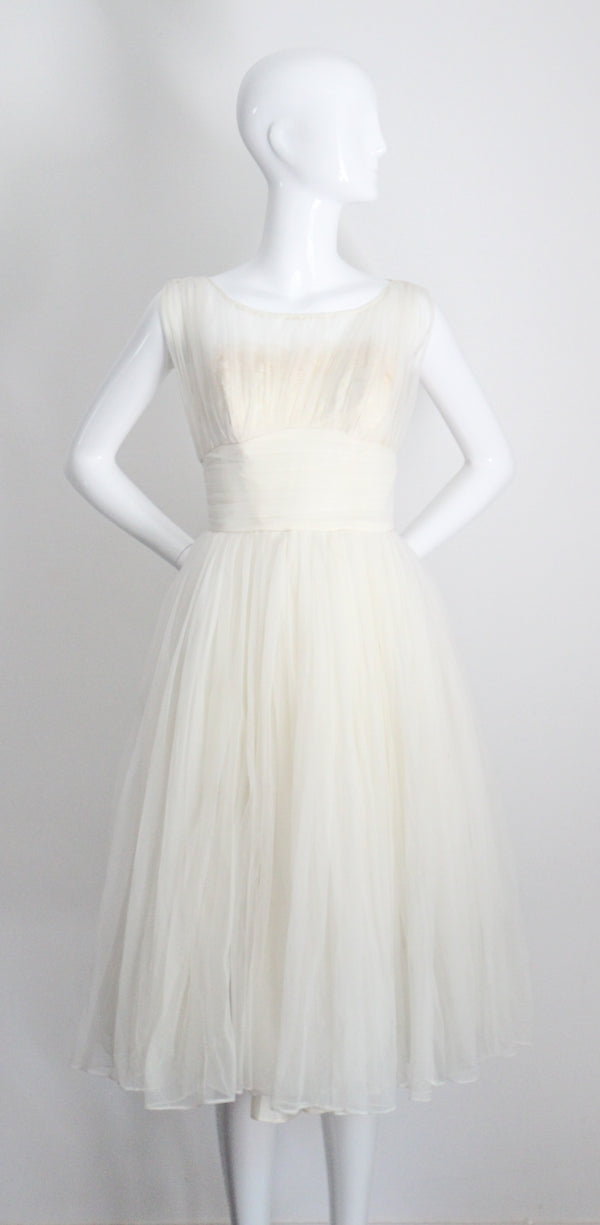 "Pleats & Lace" Vintage 1950's Ivory and Cream Emma Domb Dress UK 6-8 US 2-4