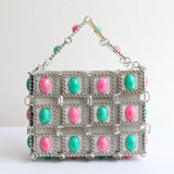 "Pink & Turquoise Marbled Cabochons" Vintage 1960's Cabochons Embellished Silver Tile Handbag