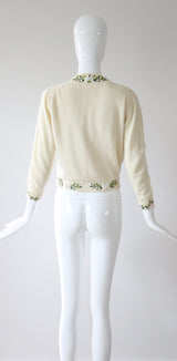 "Trailing Iridescent Florals" Vintage 1950's Cream Wool Embroidered and Beaded Cardigan UK 10 US 6