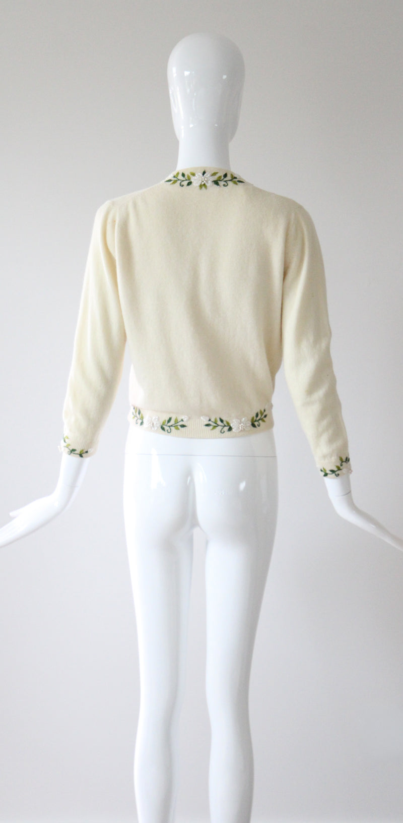 "Trailing Iridescent Florals" Vintage 1950's Cream Wool Embroidered and Beaded Cardigan UK 10 US 6