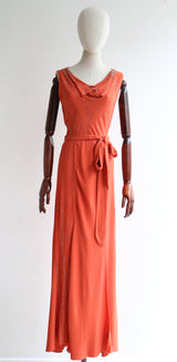 "Coral Silk & Rhinestones" Vintage 1930's Coral & Rhinestone Crepe Silk Dress UK 12 US 8