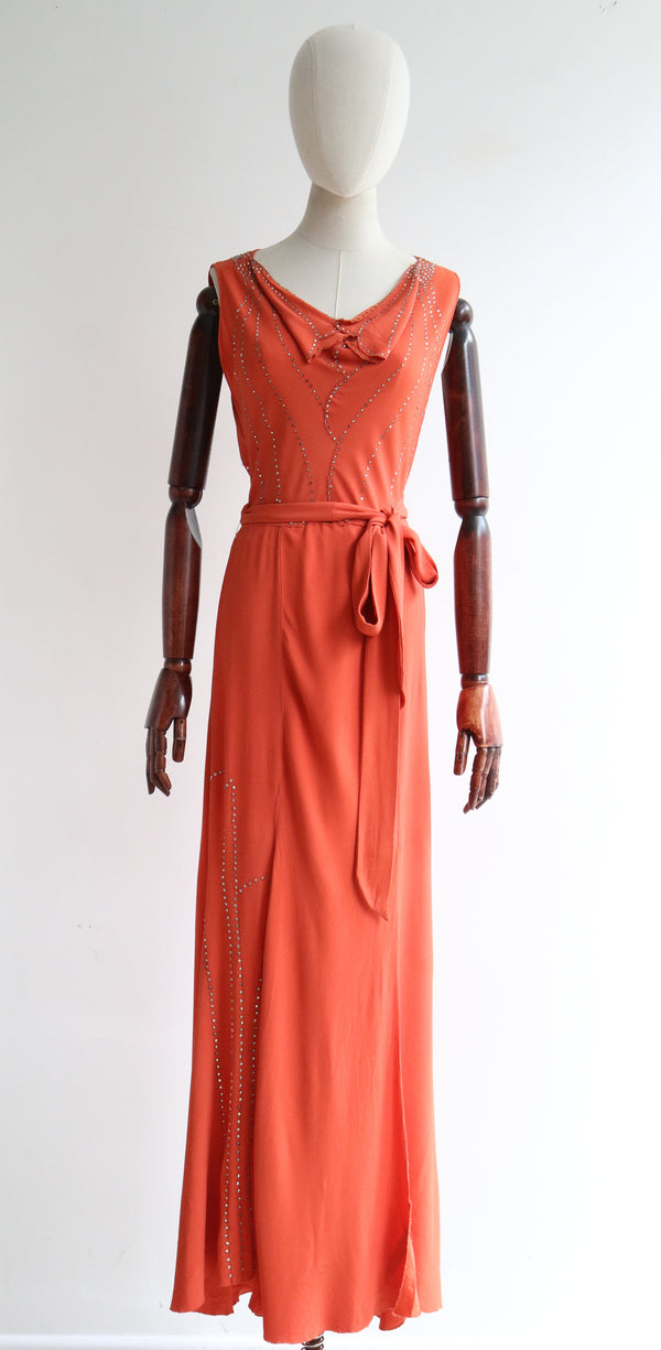 "Coral Silk & Rhinestones" Vintage 1930's Coral & Rhinestone Crepe Silk Dress UK 12 US 8