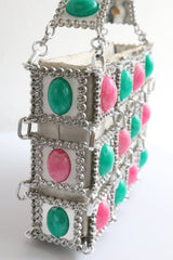 "Pink & Turquoise Marbled Cabochons" Vintage 1960's Cabochons Embellished Silver Tile Handbag