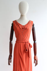 "Coral Silk & Rhinestones" Vintage 1930's Coral & Rhinestone Crepe Silk Dress UK 12 US 8