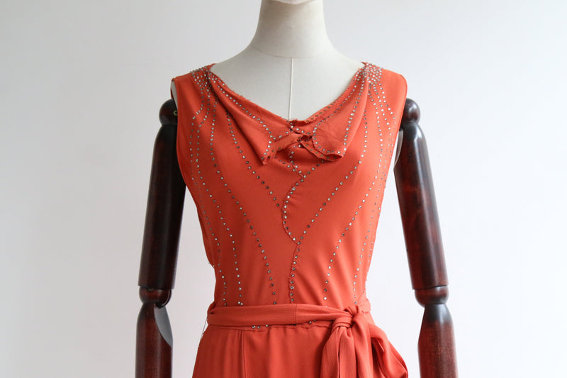 "Coral Silk & Rhinestones" Vintage 1930's Coral & Rhinestone Crepe Silk Dress UK 12 US 8