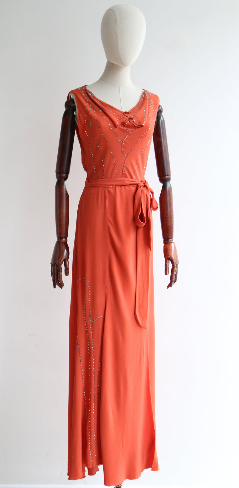 "Coral Silk & Rhinestones" Vintage 1930's Coral & Rhinestone Crepe Silk Dress UK 12 US 8