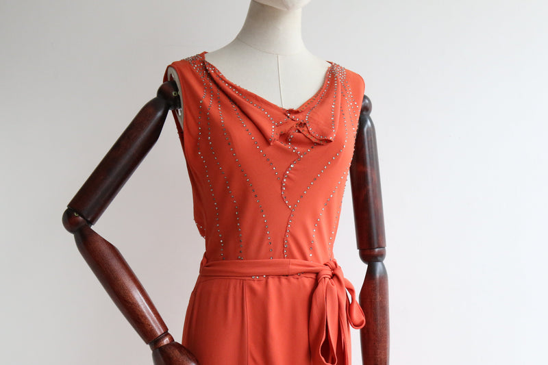 "Coral Silk & Rhinestones" Vintage 1930's Coral & Rhinestone Crepe Silk Dress UK 12 US 8