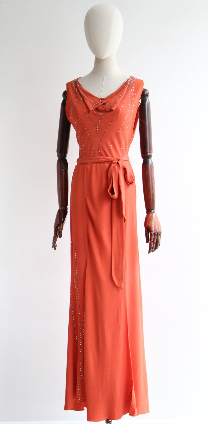 "Coral Silk & Rhinestones" Vintage 1930's Coral & Rhinestone Crepe Silk Dress UK 12 US 8