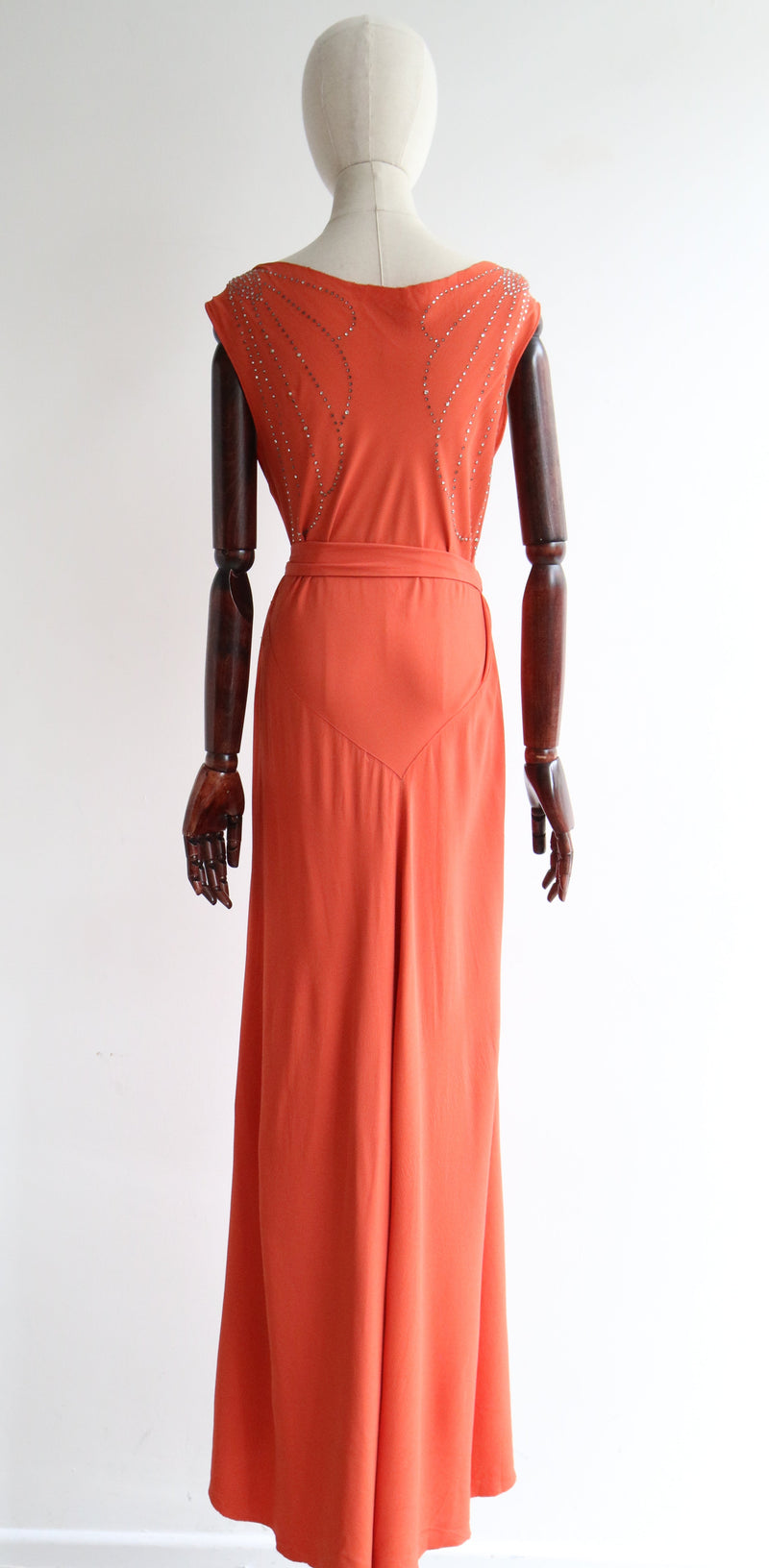 "Coral Silk & Rhinestones" Vintage 1930's Coral & Rhinestone Crepe Silk Dress UK 12 US 8