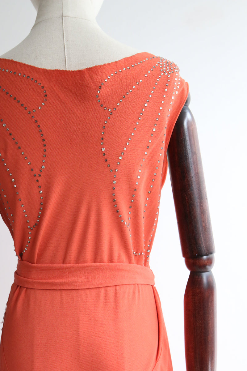 "Coral Silk & Rhinestones" Vintage 1930's Coral & Rhinestone Crepe Silk Dress UK 12 US 8