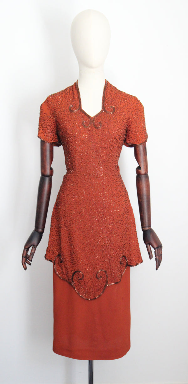 "Pumpkin Spice Beadwork" Vintage 1940's Pumpkin Crepe Silk & Bronze Beaded Peplum Dress UK 8 US 4