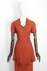 "Pumpkin Spice Beadwork" Vintage 1940's Pumpkin Crepe Silk & Bronze Beaded Peplum Dress UK 8 US 4