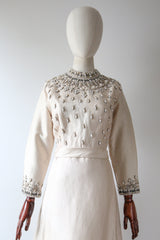 "Pearls on Silk" Vintage 1960's Cream Wool Silk Pearl Embellished Dress UK 12 US 8
