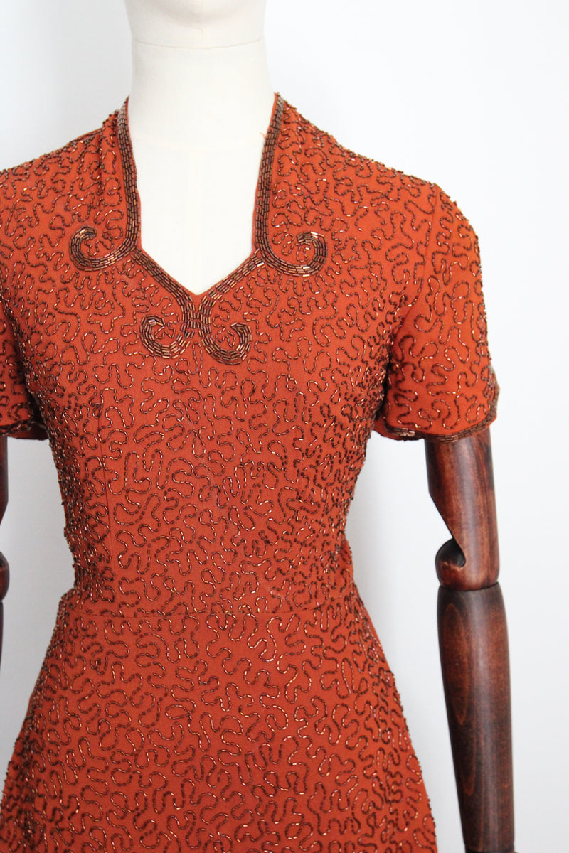 "Pumpkin Spice Beadwork" Vintage 1940's Pumpkin Crepe Silk & Bronze Beaded Peplum Dress UK 8 US 4