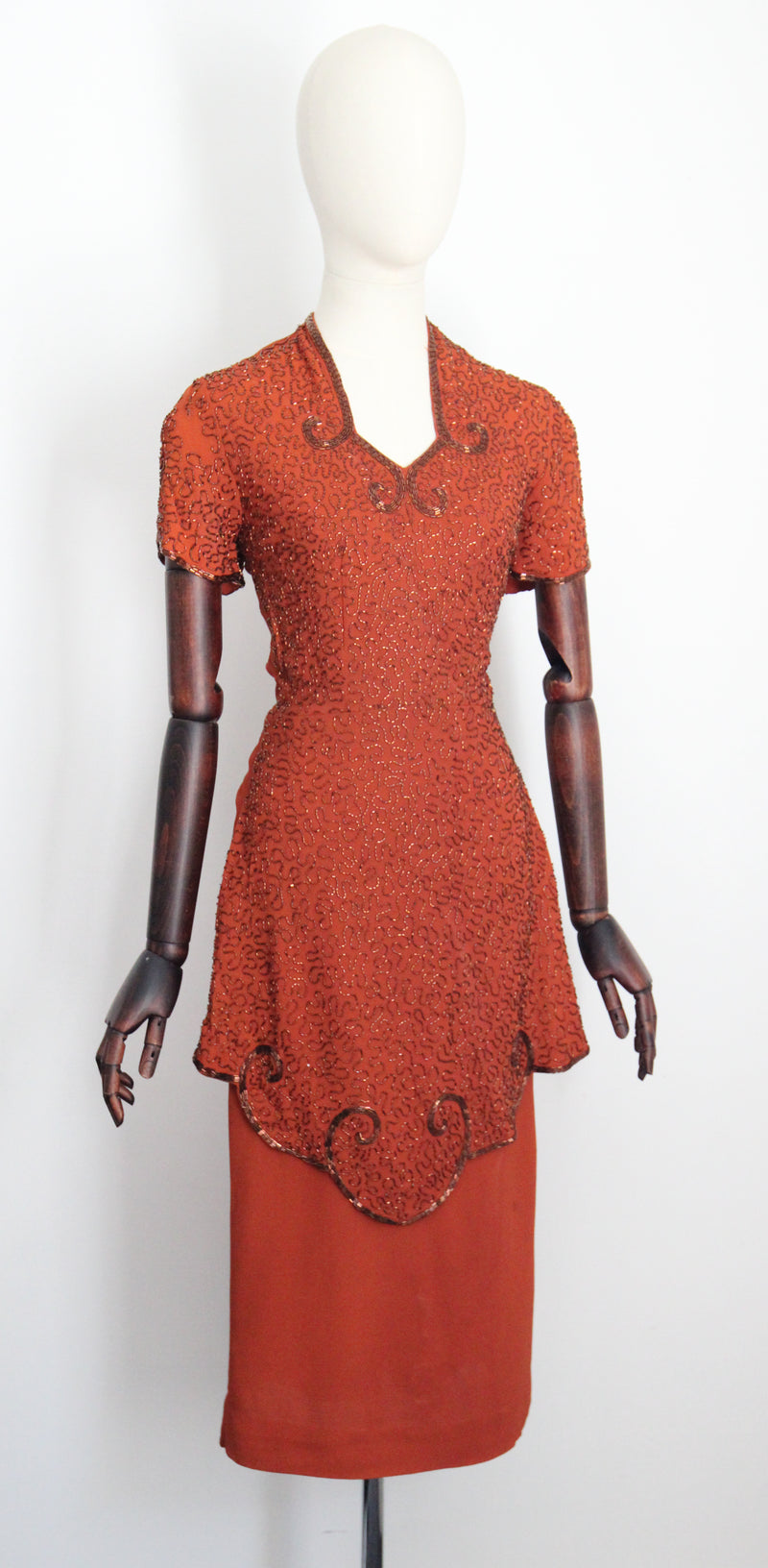 "Pumpkin Spice Beadwork" Vintage 1940's Pumpkin Crepe Silk & Bronze Beaded Peplum Dress UK 8 US 4