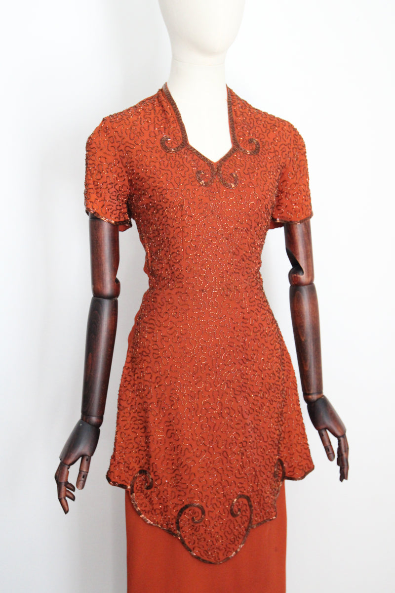 "Pumpkin Spice Beadwork" Vintage 1940's Pumpkin Crepe Silk & Bronze Beaded Peplum Dress UK 8 US 4