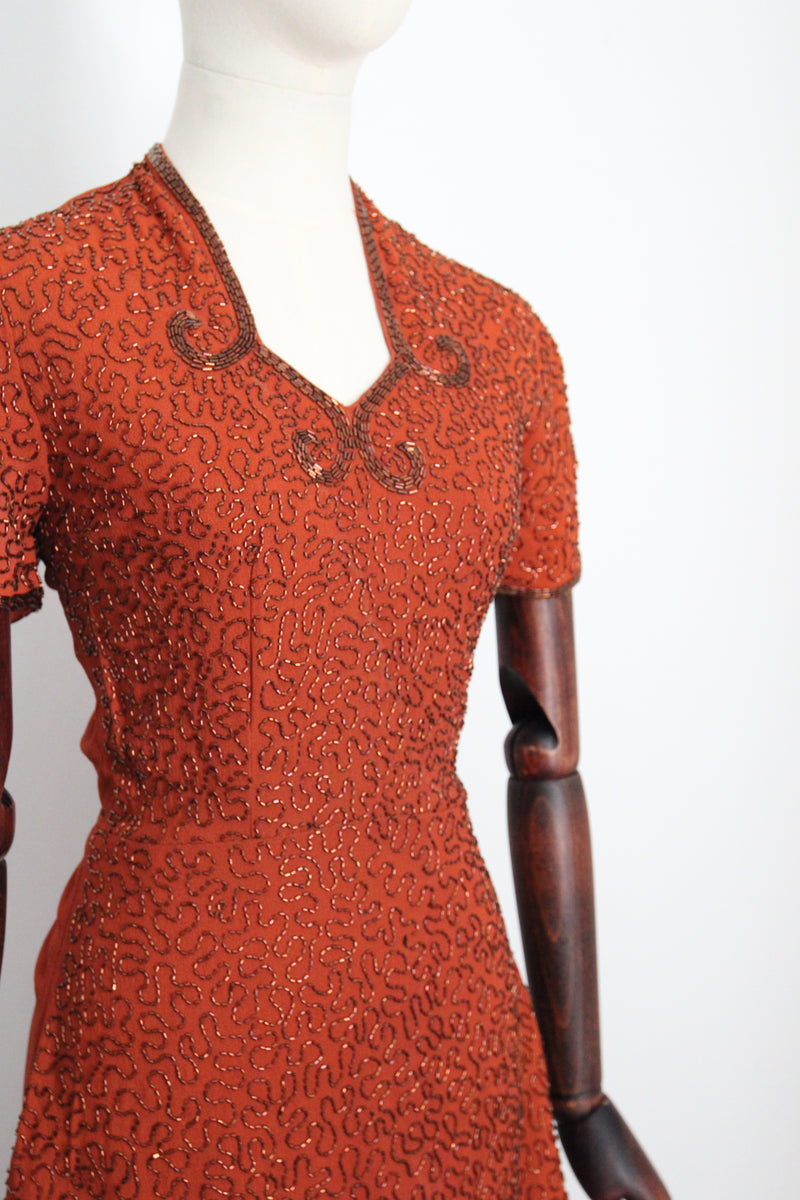 "Pumpkin Spice Beadwork" Vintage 1940's Pumpkin Crepe Silk & Bronze Beaded Peplum Dress UK 8 US 4