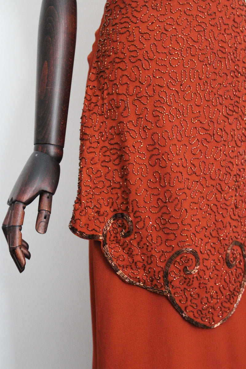 "Pumpkin Spice Beadwork" Vintage 1940's Pumpkin Crepe Silk & Bronze Beaded Peplum Dress UK 8 US 4