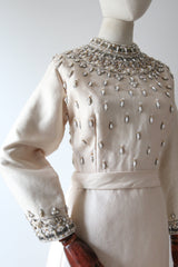 "Pearls on Silk" Vintage 1960's Cream Wool Silk Pearl Embellished Dress UK 12 US 8