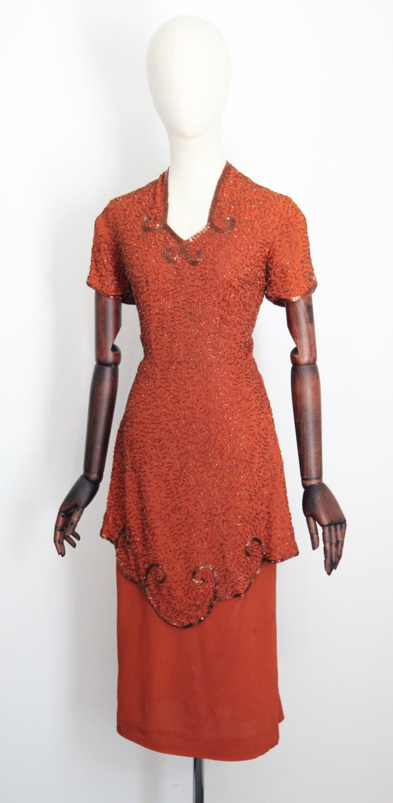 "Pumpkin Spice Beadwork" Vintage 1940's Pumpkin Crepe Silk & Bronze Beaded Peplum Dress UK 8 US 4