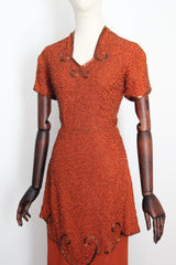 "Pumpkin Spice Beadwork" Vintage 1940's Pumpkin Crepe Silk & Bronze Beaded Peplum Dress UK 8 US 4