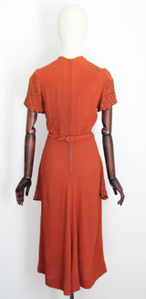 "Pumpkin Spice Beadwork" Vintage 1940's Pumpkin Crepe Silk & Bronze Beaded Peplum Dress UK 8 US 4