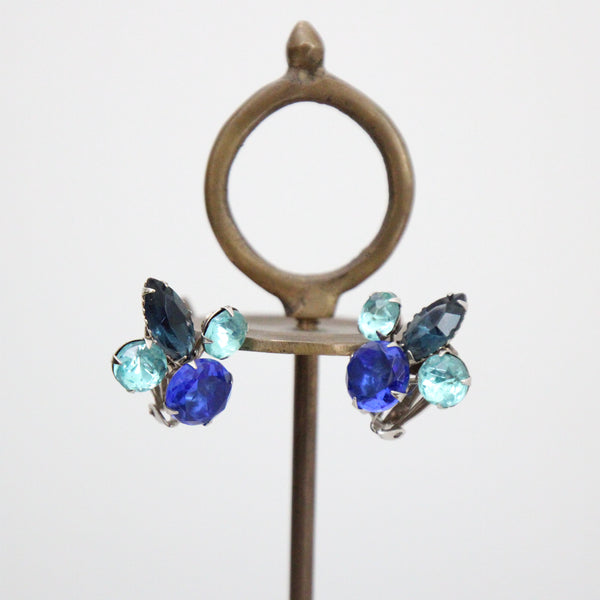 "Palette of Blues" Vintage 1950's Blue Rhinestone Clip on Earrings