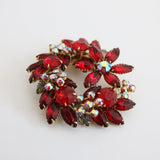 "Crimson Florals"  Vintage 1950's Red & Iridescent Rhinestone Statement Brooch