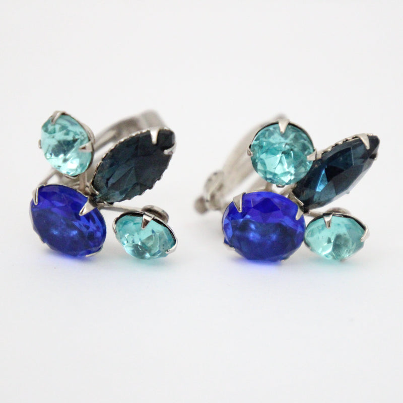 "Palette of Blues" Vintage 1950's Blue Rhinestone Clip on Earrings
