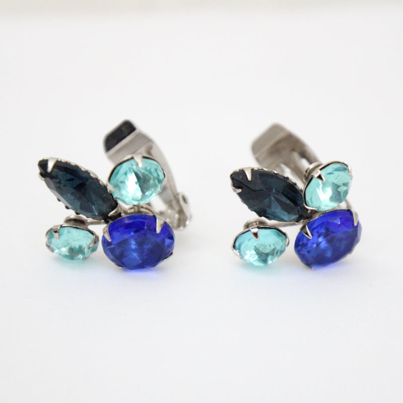 "Palette of Blues" Vintage 1950's Blue Rhinestone Clip on Earrings